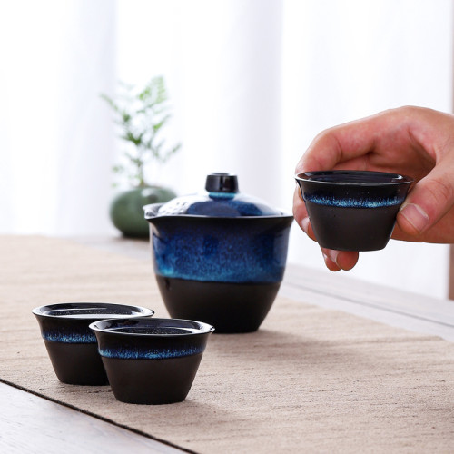 天目釉拉絲窰變茶盞旅行包戶外茶具套裝家用簡約建盞茶壺茶杯