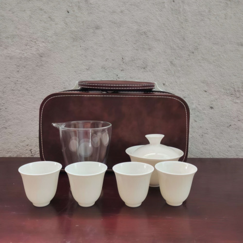羊脂玉陶瓷功夫茶具套裝可攜式旅行包小套禮品蓋碗茶杯廣告禮品
