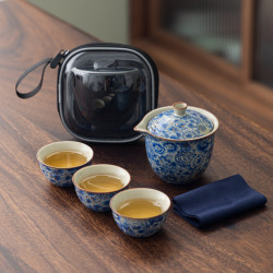 汝窰青花旅行茶具戶外喝茶快客杯可攜式旅行包一壺三杯泡茶壺套裝