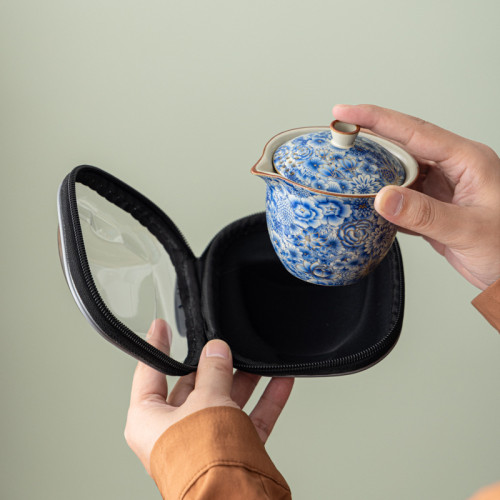 汝窰青花旅行茶具戶外喝茶快客杯可攜式旅行包一壺三杯泡茶壺套裝