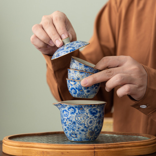 汝窰青花旅行茶具戶外喝茶快客杯可攜式旅行包一壺三杯泡茶壺套裝