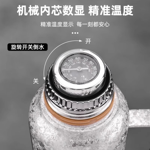 純鈦傳家壺可攜式提手顯溫保溫壺大容量大冰花雙層鈦壺輕奢禮品水壺