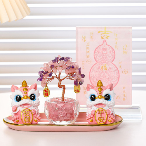 卡通歡喜醒獅水晶發財樹家居客廳辦公室裝飾擺件創意喬遷新居禮品