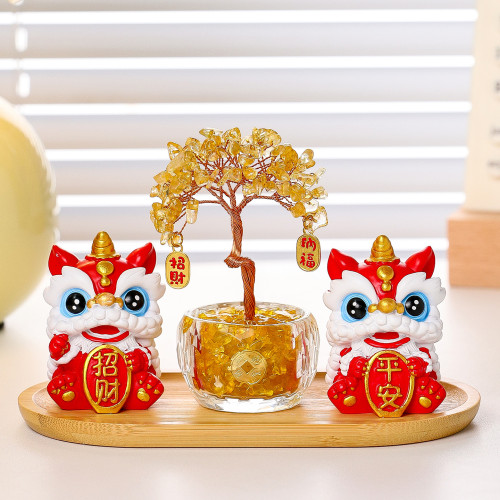 卡通歡喜醒獅水晶發財樹家居客廳辦公室裝飾擺件創意喬遷新居禮品