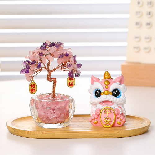 卡通歡喜醒獅水晶發財樹家居客廳辦公室裝飾擺件創意喬遷新居禮品