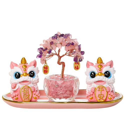 卡通歡喜醒獅水晶發財樹家居客廳辦公室裝飾擺件創意喬遷新居禮品