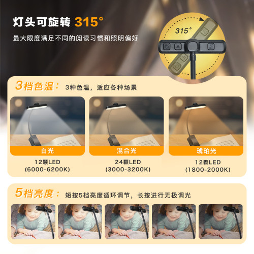 雙排燈珠led閲讀燈旋轉燈頭護眼夾書燈TYPE-C充電夾子燈