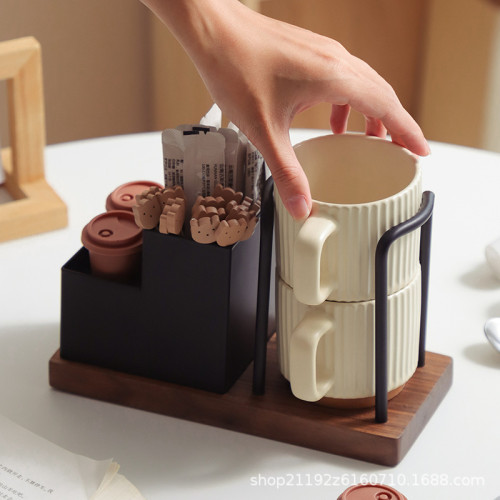 胡桃木桌面一次性杯子取杯器紙杯架創意咖啡杯糖包茶包收納置物架