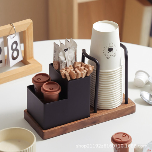 胡桃木桌面一次性杯子取杯器紙杯架創意咖啡杯糖包茶包收納置物架