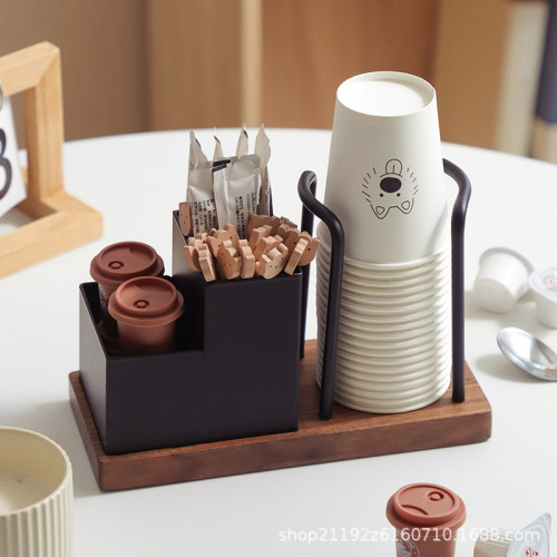 胡桃木桌面一次性杯子取杯器紙杯架創意咖啡杯糖包茶包收納置物架