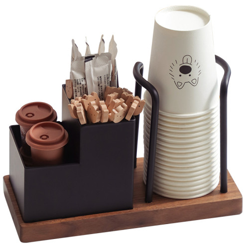 胡桃木桌面一次性杯子取杯器紙杯架創意咖啡杯糖包茶包收納置物架