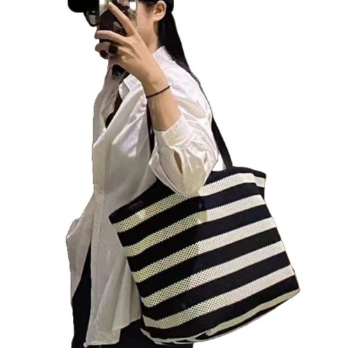 高級感黑白條紋托特包編織大容量單肩女包懶惰風輕便度假包購物袋