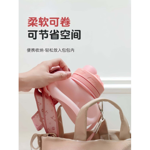 水杯女生高顔值矽膠吸琯雙飲口耐摔耐高溫可斜背外出攜帶折疊水壺