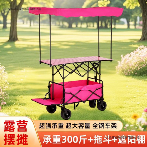 加厚加長可攜式拖鬥露營車擺攤車可折疊萬能小推車帶遮陽棚野營車