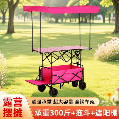 加厚加長可攜式拖鬥露營車擺攤車可折疊萬能小推車帶遮陽棚野營車