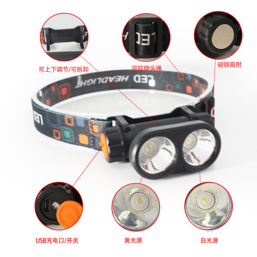 新款2LED強光頭燈智能夜釣警示頭燈釣魚紅白光USB充電可調節頭燈