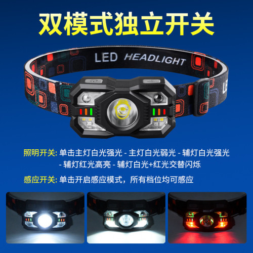 智能感應小頭燈長續航多光源充電戶外多功能頭戴手電筒夜釣燈