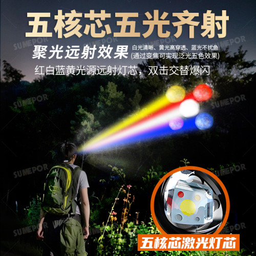 .蘇美浦五光源白黃藍紅UV紫光感應頭戴式帶白雷射變焦超亮頭燈