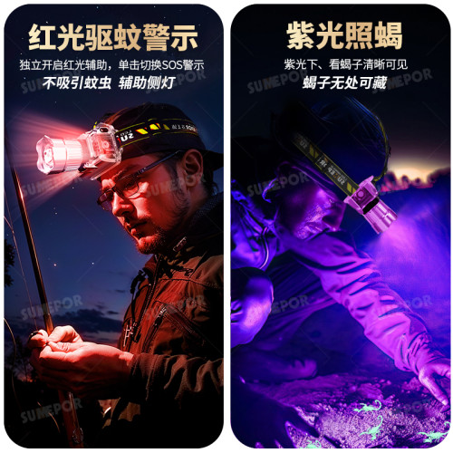 .蘇美浦五光源白黃藍紅UV紫光感應頭戴式帶白雷射變焦超亮頭燈