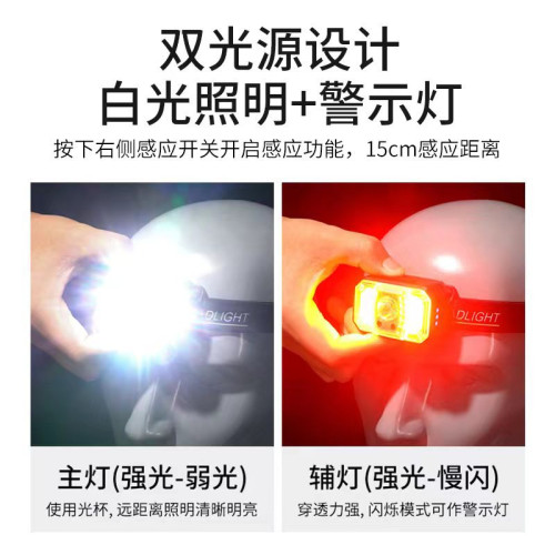 雙光源感應紅光頭燈頭戴式強光遠近光釣魚燈Type C充電頭燈