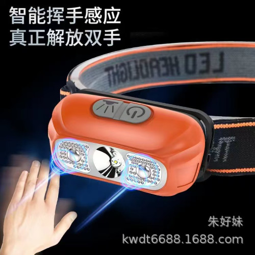 新款LED強光戶外野營感應頭燈Type-c充電徒步防水COB頭戴式夜釣燈