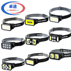 多功能頭戴燈COB強光感應頭燈Type-C充電戶外紅光警示應急探照燈