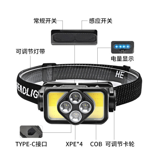 多功能頭戴燈COB強光感應頭燈Type-C充電戶外紅光警示應急探照燈