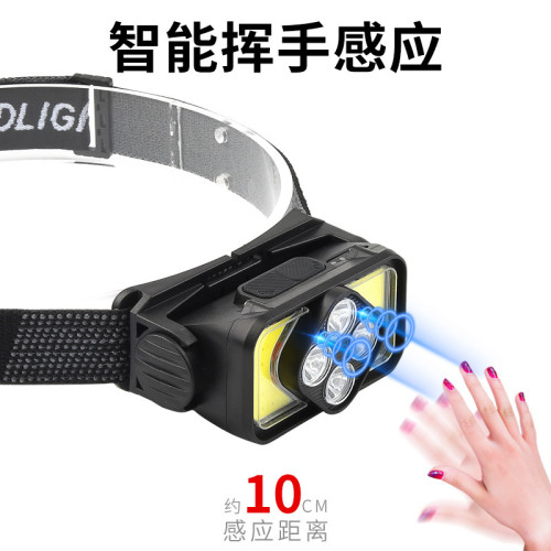 多功能頭戴燈COB強光感應頭燈Type-C充電戶外紅光警示應急探照燈