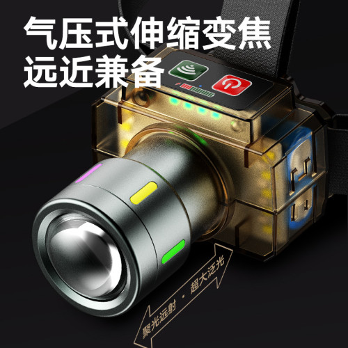 新款揮手感應頭燈戶外可攜式帶電顯紅光警示燈多檔調節頭戴燈