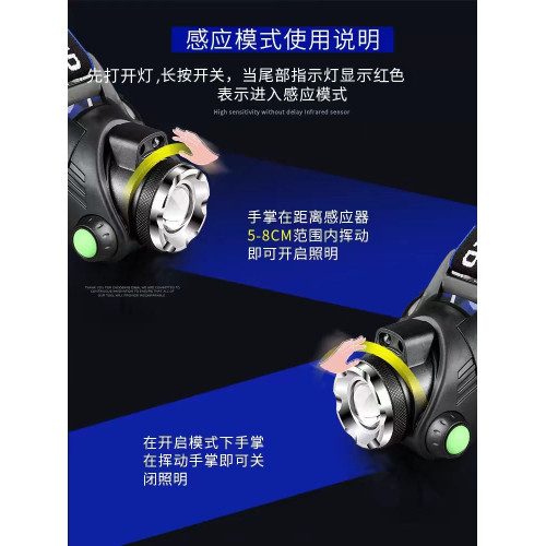 LED頭燈強光充電式感應變焦超亮遠射頭戴式手電筒夜釣魚燈礦燈
