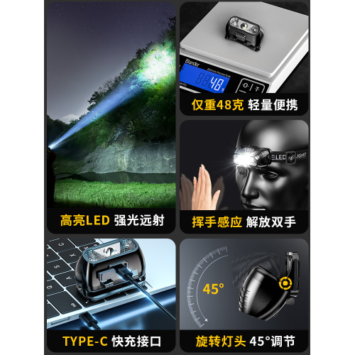 公牛適用頭燈超亮可充電頭戴式強光感應特亮手電筒可攜式夜釣魚燈