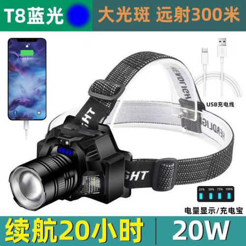 黃光頭燈手電筒感應調焦探照白藍夜釣魚照漂家用聚光遠射強光充電