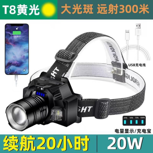黃光頭燈手電筒感應調焦探照白藍夜釣魚照漂家用聚光遠射強光充電
