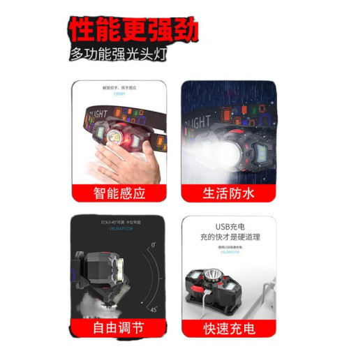 微笑鯊頭燈強光充電超亮頭戴式釣魚照明超長續航感應夜釣燈