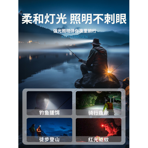微笑鯊強光感應頭燈感應頭戴式夜釣可充電式長續航照明燈