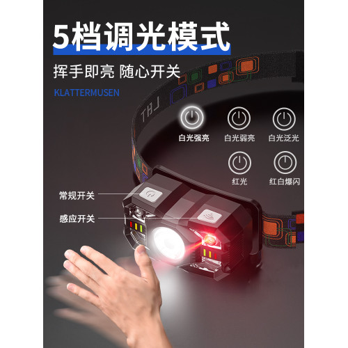 微笑鯊強光感應頭燈感應頭戴式夜釣可充電式長續航照明燈
