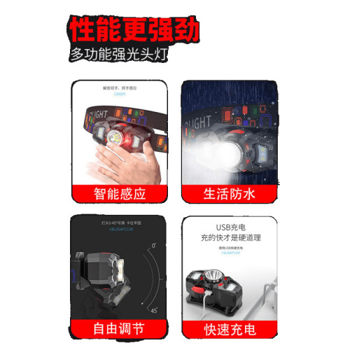 微笑鯊頭燈強光充電超亮頭戴式釣魚照明超長續航感應夜釣燈