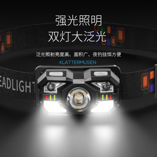 微笑鯊強光感應頭燈感應頭戴式夜釣專用可充電式超輕長續航照明燈
