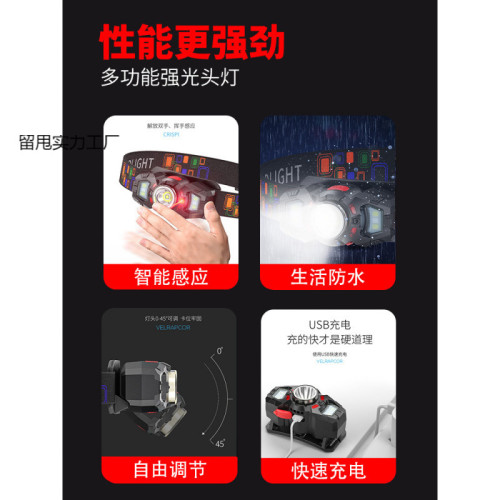 微笑鯊頭燈強光充電超亮頭戴式釣魚照明超長續航感應夜釣燈