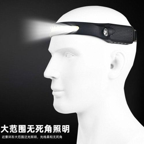 新款矽膠感應頭燈USB充電LED紅白黃光戶外跑步釣魚COB頭燈