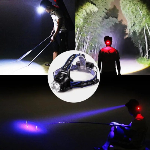 釣魚燈夜釣藍白雙光源感應頭燈 充電防水變焦頭戴式電筒照明燈