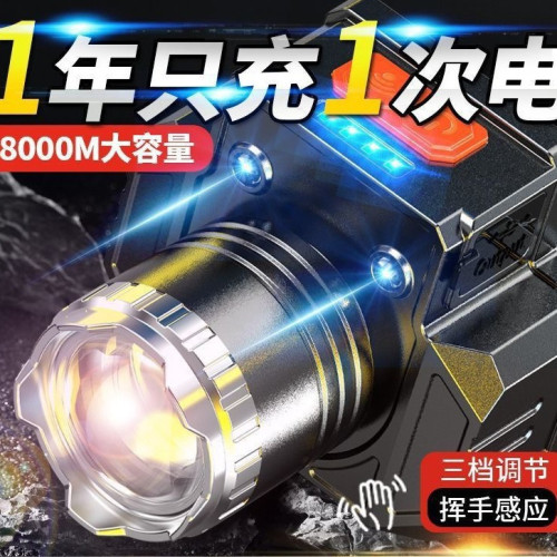 伸縮變焦感應頭燈戶外野營燈雷射LED充電夜釣魚超亮遠射頭戴礦燈