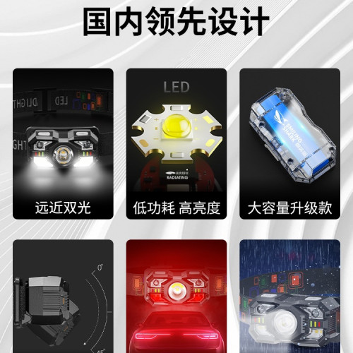 泛光頭燈強光充電超亮頭戴礦燈感應登山夜跑釣魚紅光驅蚊超長續航