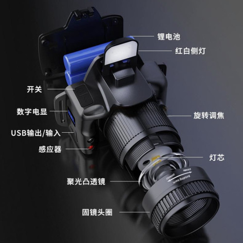 新款超亮頭燈戶外夜釣工作頭戴式充電強光感應變焦野外照明燈