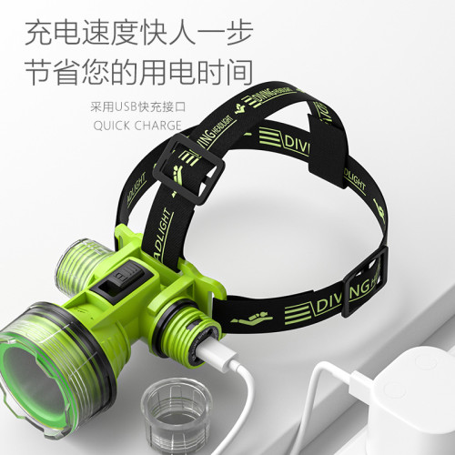 新款潛水頭燈充電led防水強光塑膠定焦夜釣照明頭戴式手電筒