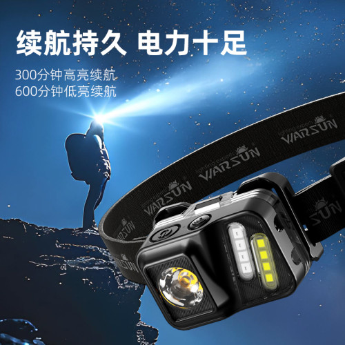 沃爾森頭燈強光超亮超長續航登山戶外感應充電頭戴夜釣用照明燈