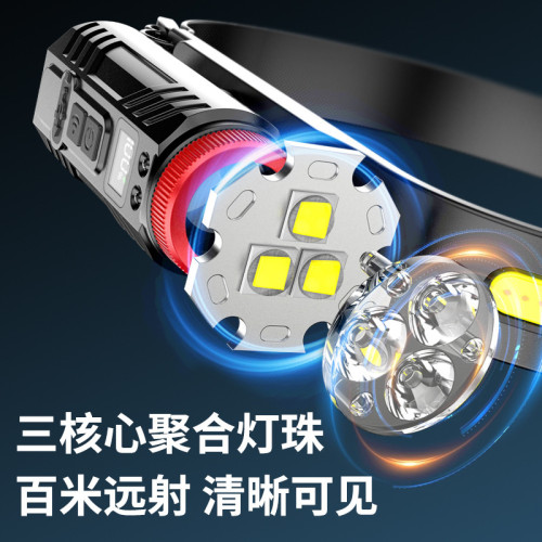 新款矽膠三頭可充電夜跑步騎行野露營感應頭戴燈 可調COB頭燈