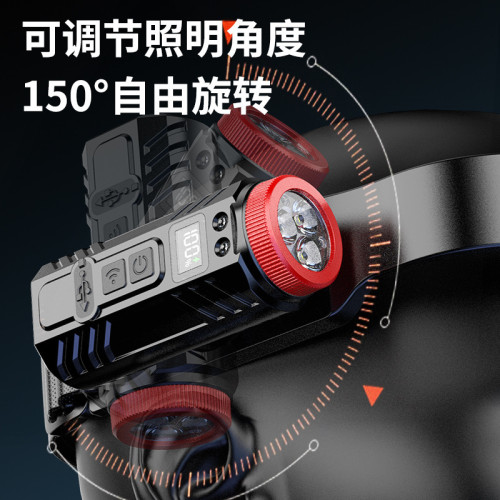 新款矽膠三頭可充電夜跑步騎行野露營感應頭戴燈 可調COB頭燈