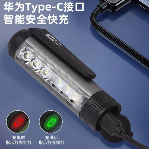 新款LED充電頭燈多功能磁吸工作燈可攜式筆夾手電筒紅白綠紫多光源