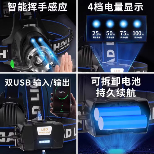 頭燈強光充電超亮超長續航戶外釣魚頭戴式感應夜釣手電筒照明
